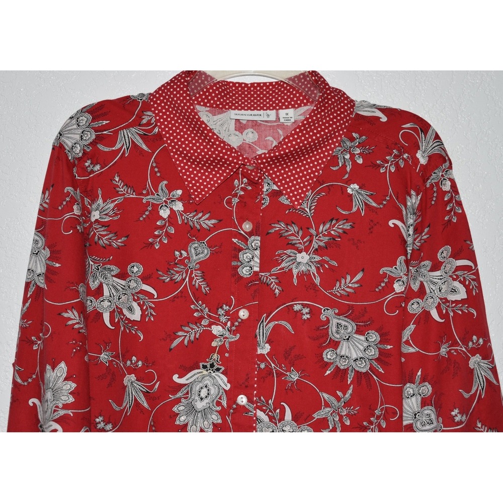 Susan Graver 1X Top Red Floral Paisley Button Down Shirt Polka Dot Trim Size 1X
